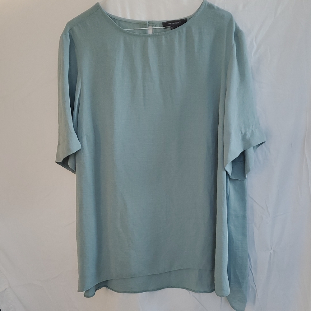 Primark Sage Green Blouse with Rounded Neckline and Short Sleeves